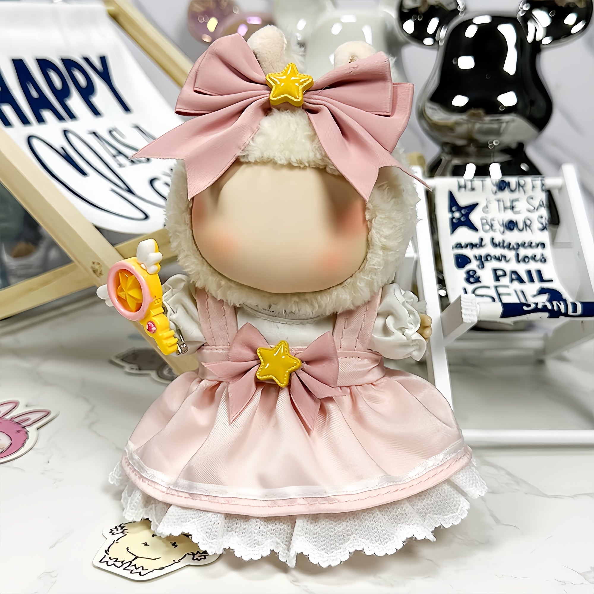 【Clothes only】Sakura Dress for labubu cute pink outfits with little wands Bow 4pcs Set doll