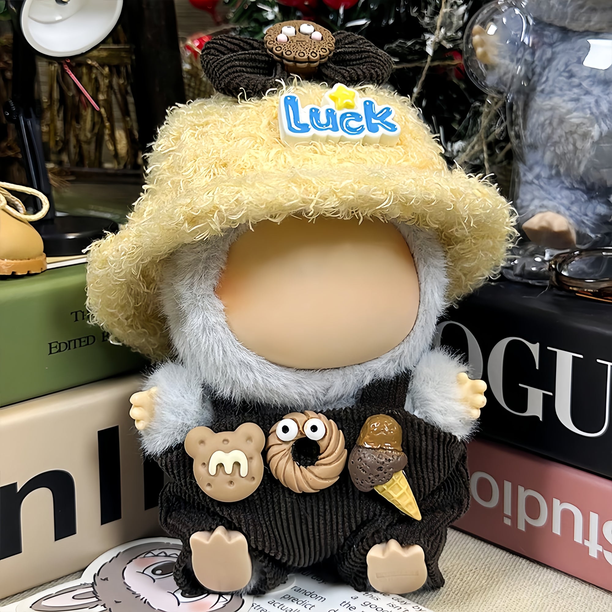 【Clothes only】3PCS set with plushy Hat Kawaii Lbb Overalls Outfit Set unisex Doll clothes