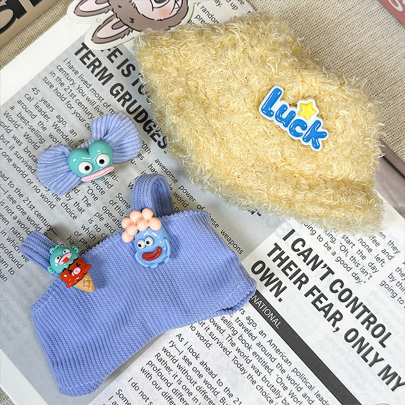 【Clothes only】3PCS set with plushy Hat Kawaii Lbb Overalls Outfit Set unisex Doll clothes