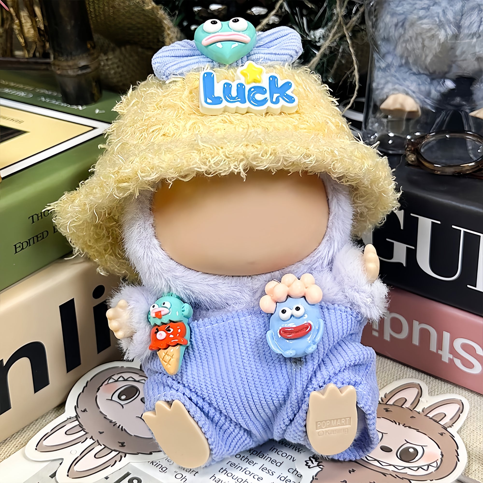 【Clothes only】3PCS set with plushy Hat Kawaii Lbb Overalls Outfit Set unisex Doll clothes